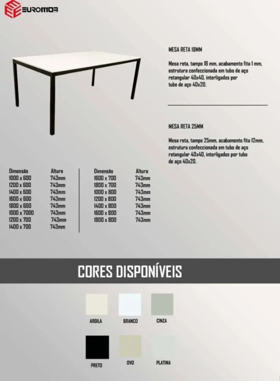 Mesa Reta Nova | Base em Aço e Tampo MDF | Euromob