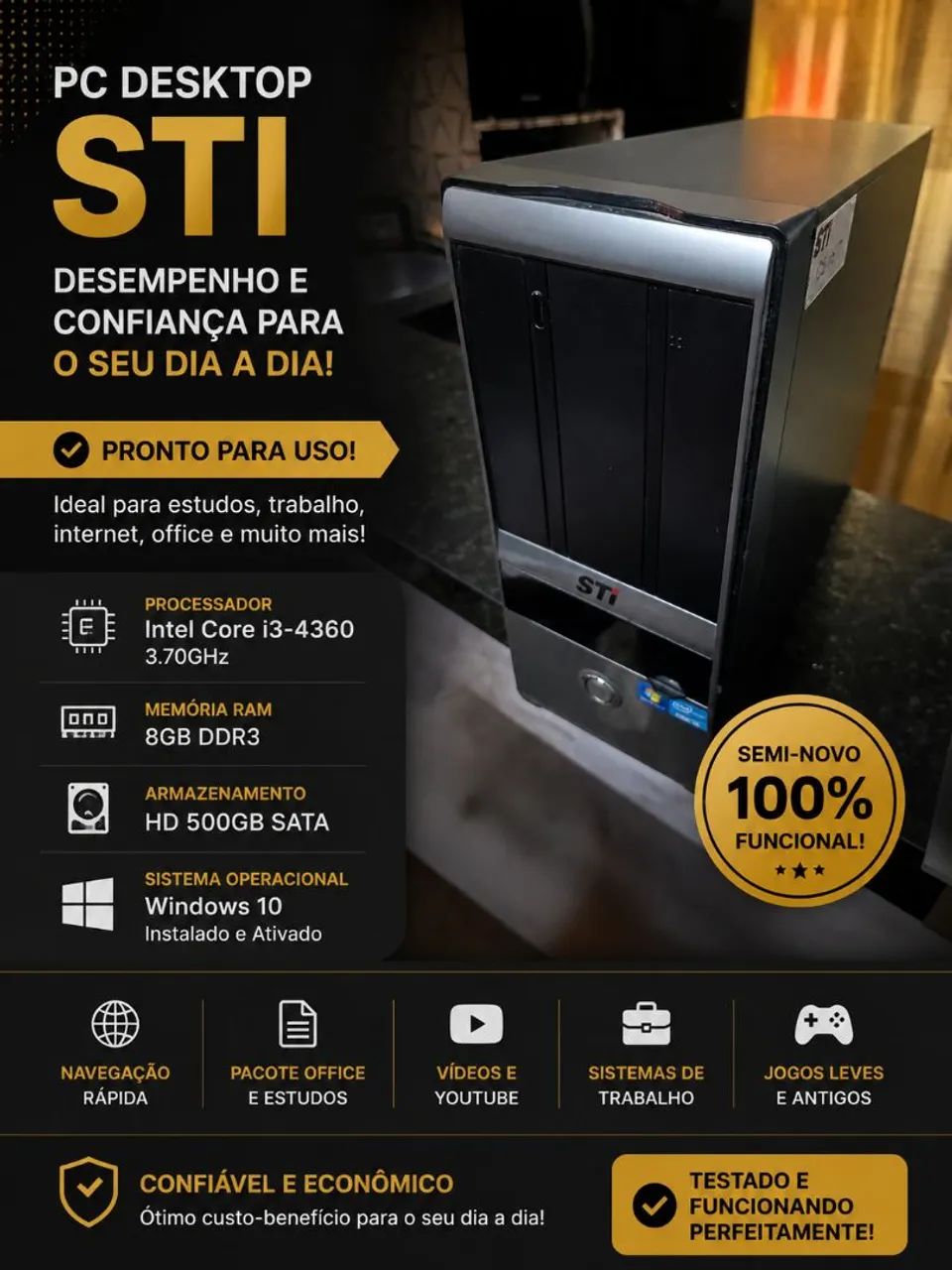 CPU i3 4360 3.70Ghz 8G Ddr3 HD Sata 500G Windows 10 - Computadores