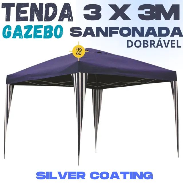 TENDA GAZEBO SANFONADA ARTICULADA DOBRÁVEL 3M x 3M POLIÉSTER AZUL SILVERCOATING FPS UV 60% - Foto 4