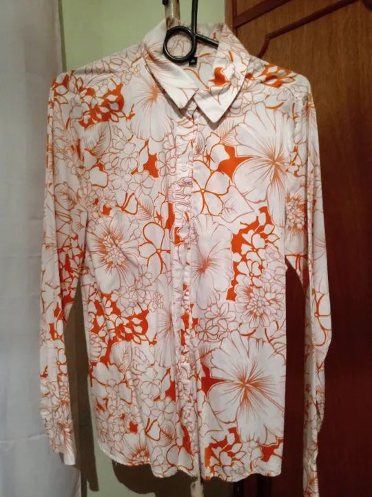 Camisa social algodão cor branco e laranja - Tamanho P