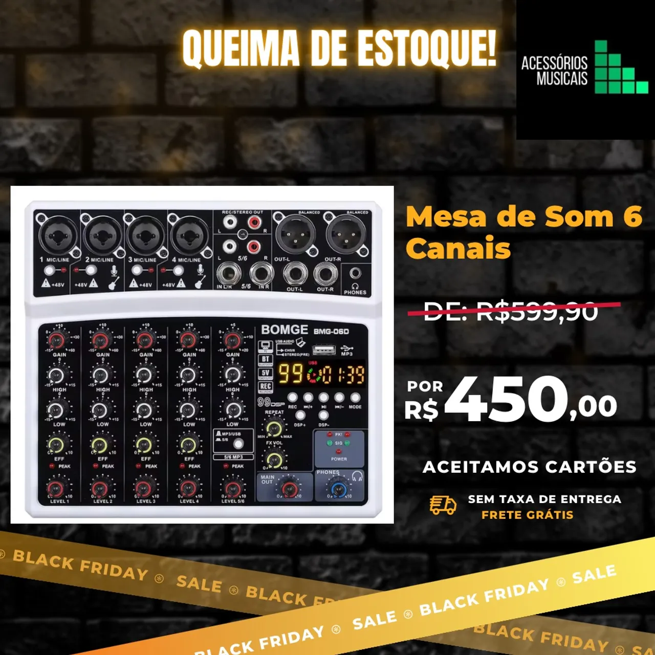Mesa de Som 6 Canais Bomge BMG-06D - Black Friday