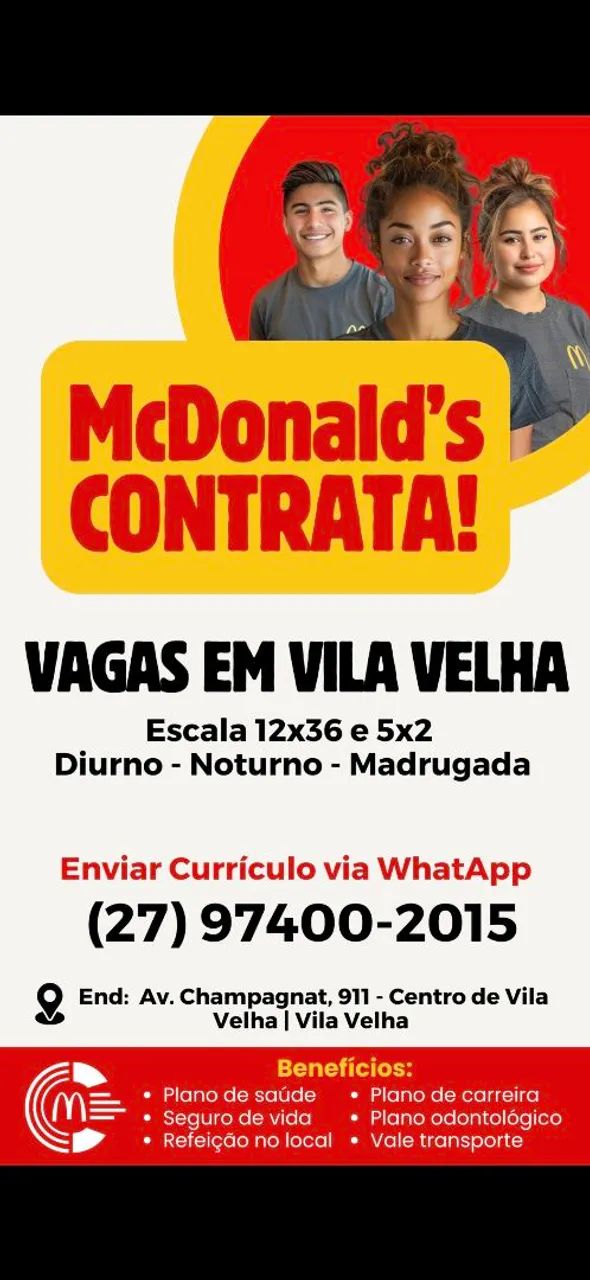 Mc Donald's Centro de Vila Velha contrata!
