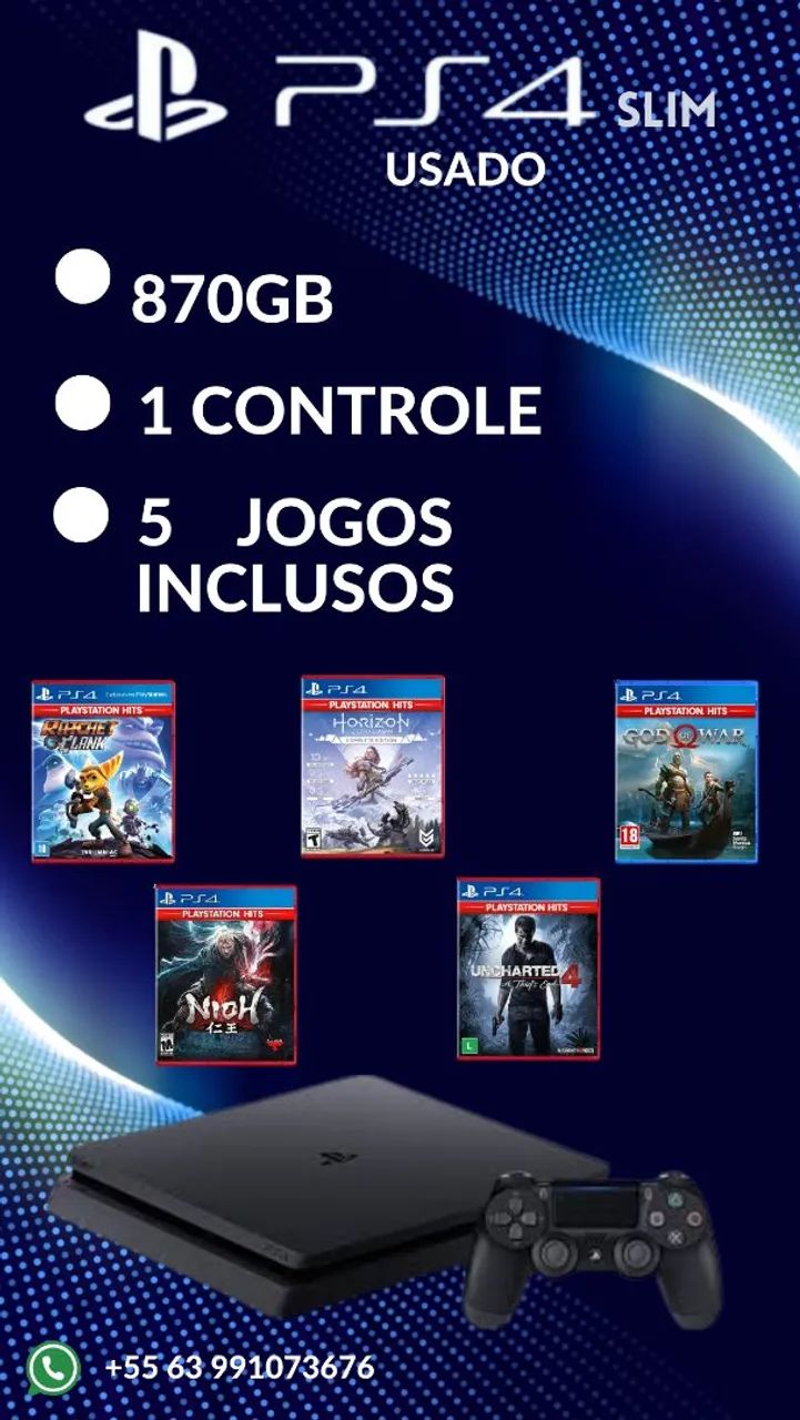 PS4 Slim 870GB com 5 Jogos