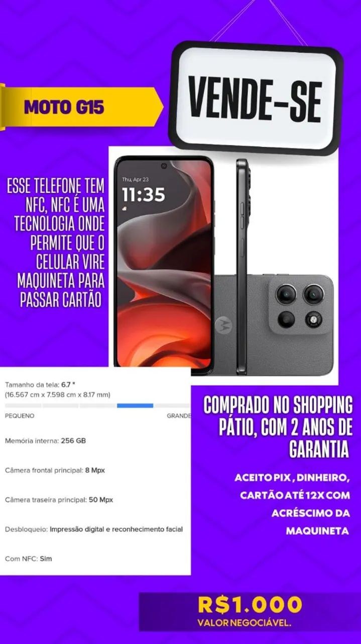 Moto G15, novo na caixa com dois anos de garantia.