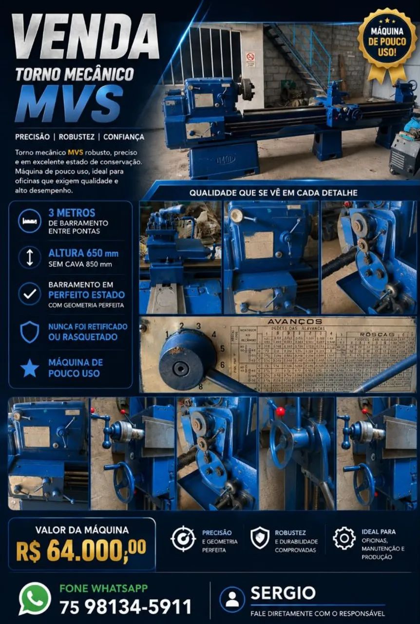 Torno mvs 3 metros entre pontas
