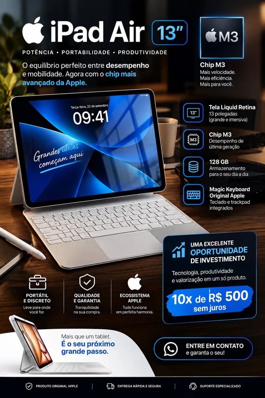 iPad Air 13" M3 128GB + Magic Keyboard Original - Impecável