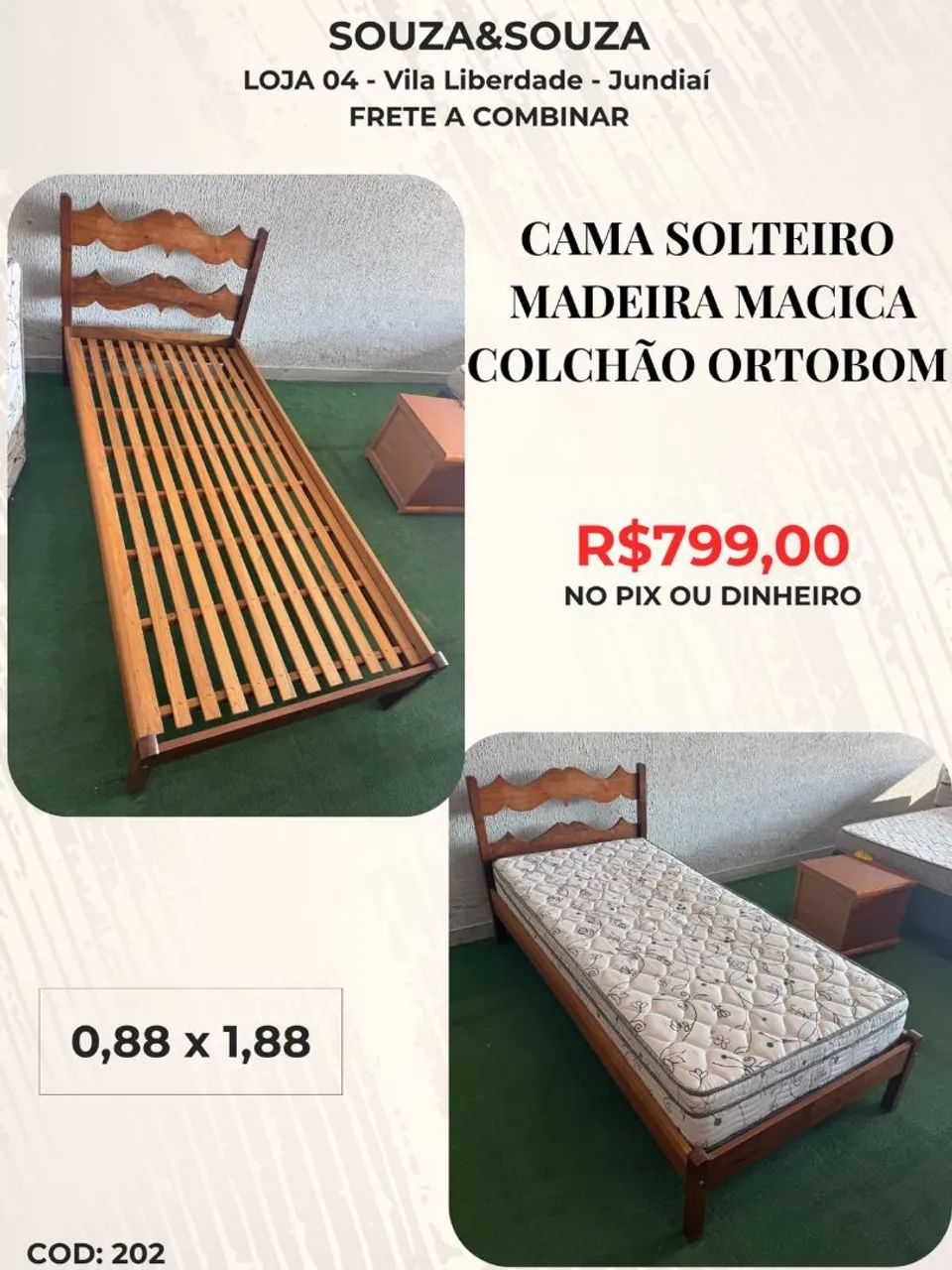 Cama de Solteiro de Madeira Maciça Colchão Ortobom