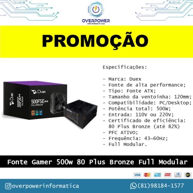 Fonte Gamer 500w 80 Plus Bronze Full Modular - PROMOÇÃO