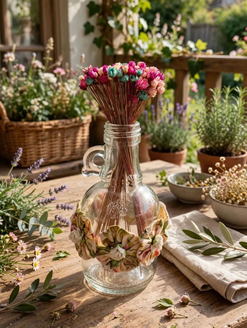 Garrafa decorada com fuxicos e flores secas  - Foto 4