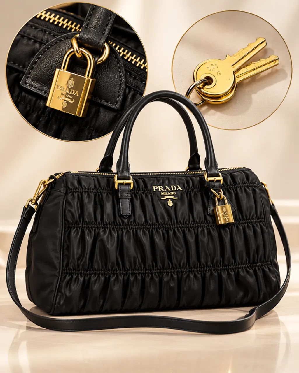 Bolsa Prada Original Tessuto Gaufre Nylon Preta com Cadeado Chave e Alça - Foto 5