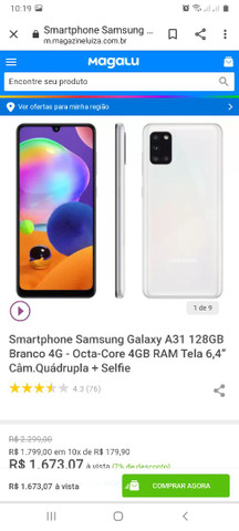 Galaxy A31 128gb 4 ram 4 câmeras traseira 1 frontal