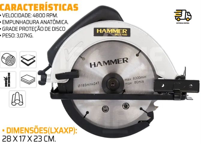 Serra Circular Para Madeira 7.1/4 1100 Watts Gysc1100 Hammer - Foto 4