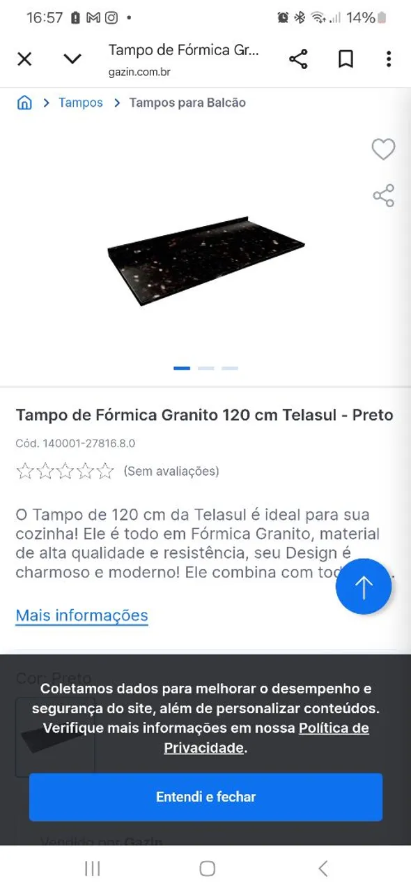 Tampo de Fórmica Granito Telasul - Preto 120 cm