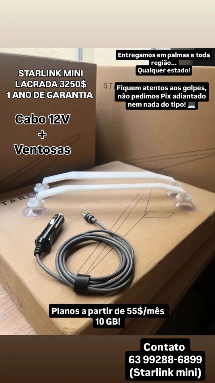 STARLINK MINI LACRADA + CABO 12V + VENTOSAS COMPLETAS VEICULAR