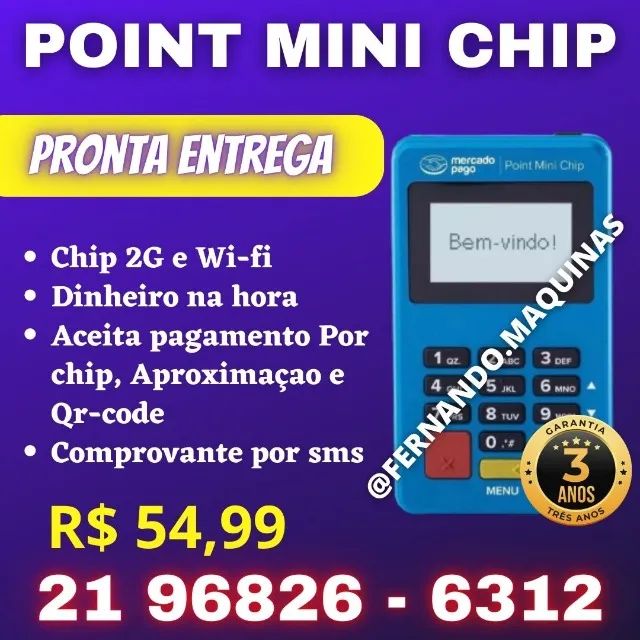 Máquina de cartão point mini chip - Chip 2G e conexão wi-fi