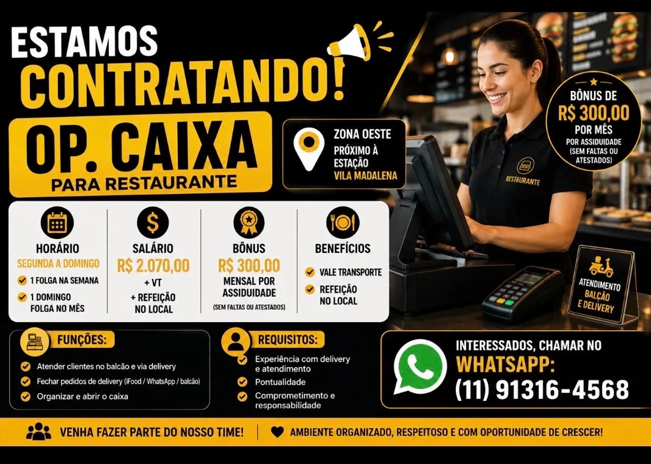 Vaga / Emprego  ZO Só operador de caixa Contratando 1