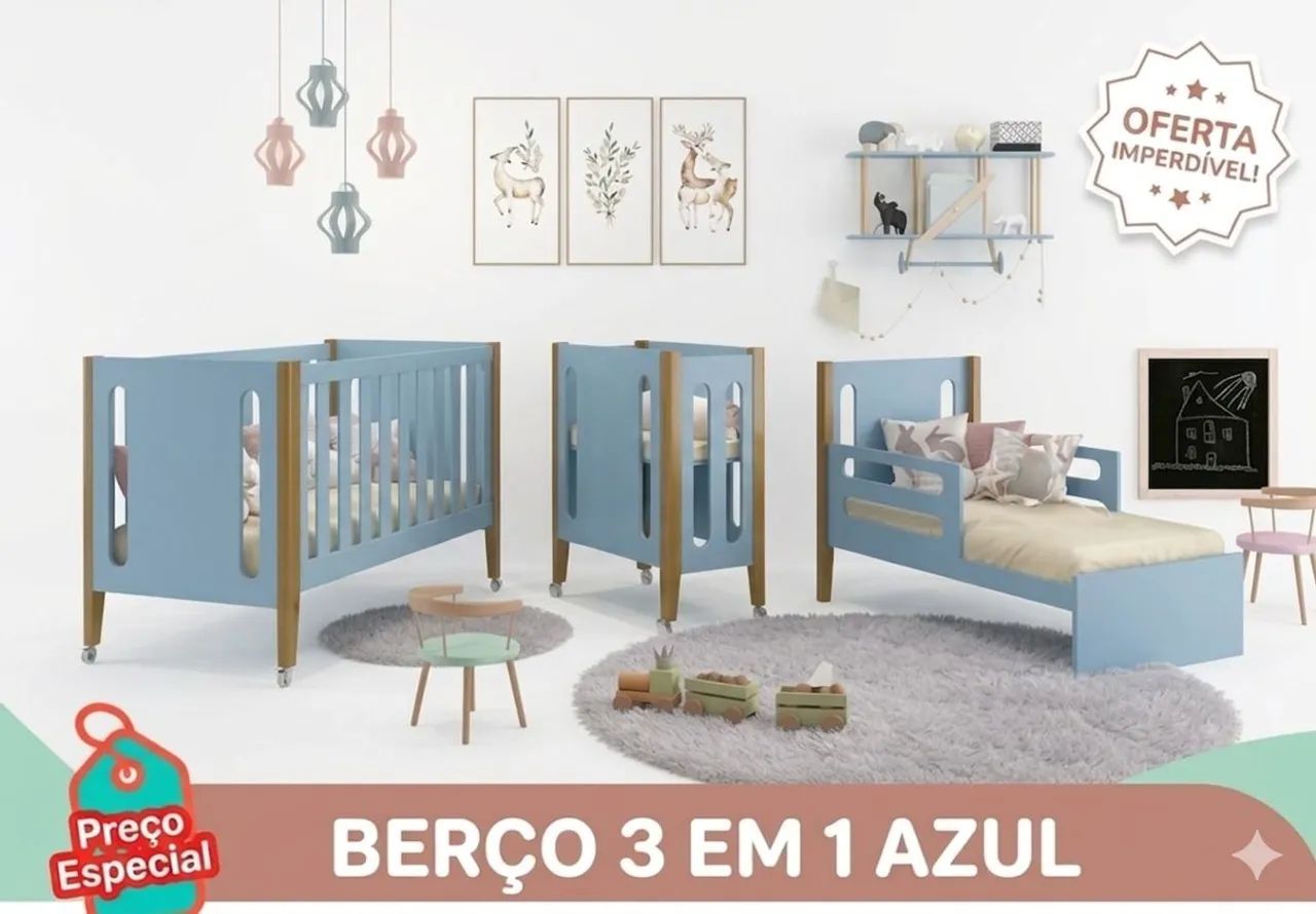 Berço 3 em 1 azul sem colchao somente berço usado  - Foto 3