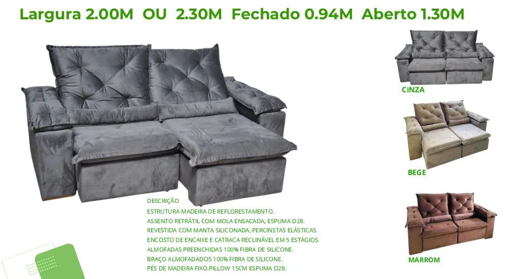 Sofá retrátil 2,30m molas ensacadas estrutura de madeira - Foto 3