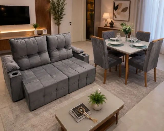 Sofá Retrátil + Mesa de Jantar com 4 Cadeiras (NOVOS)