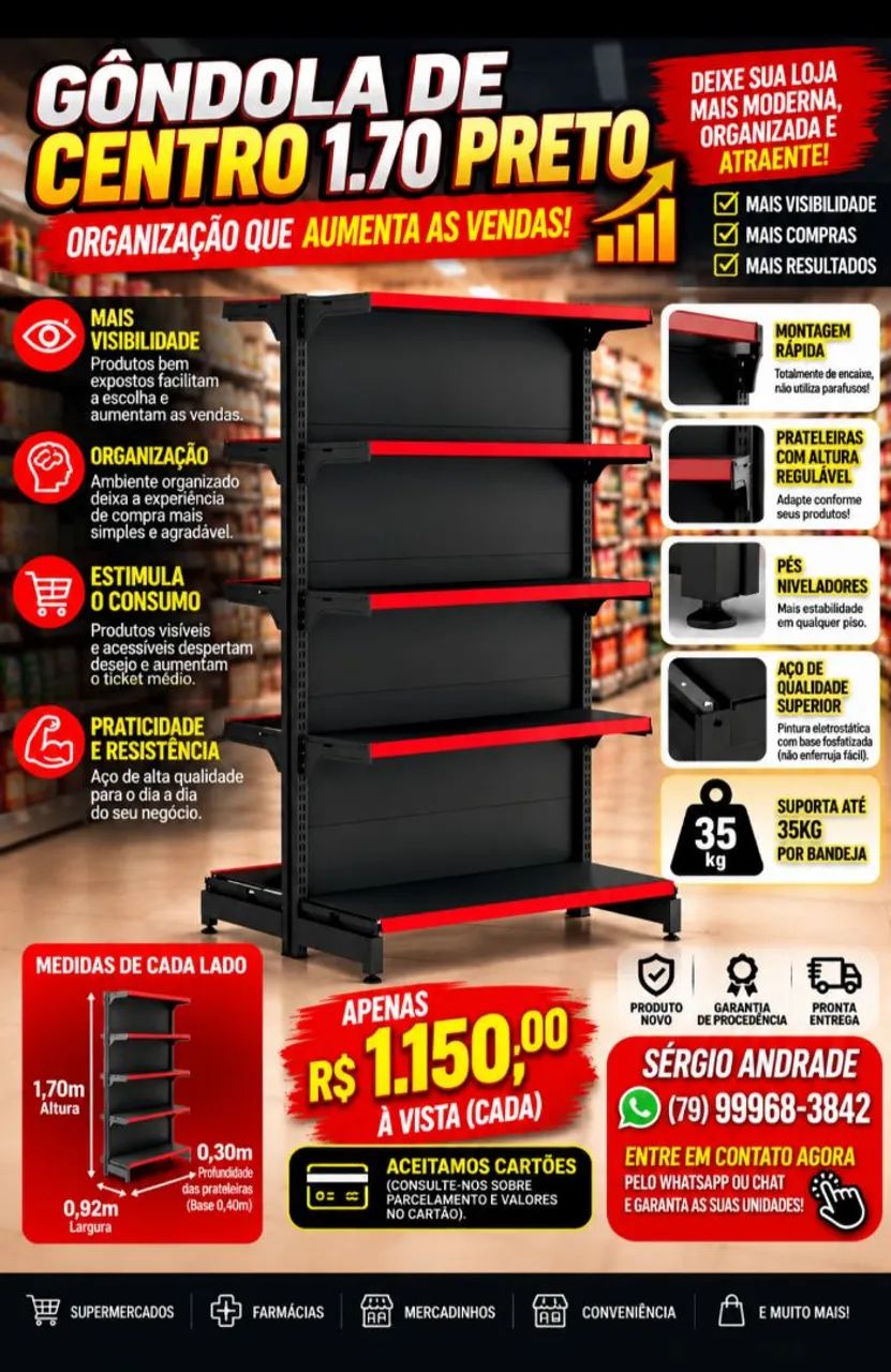 Gôndola Prateleira de Centro Preta - Pronta Entrega