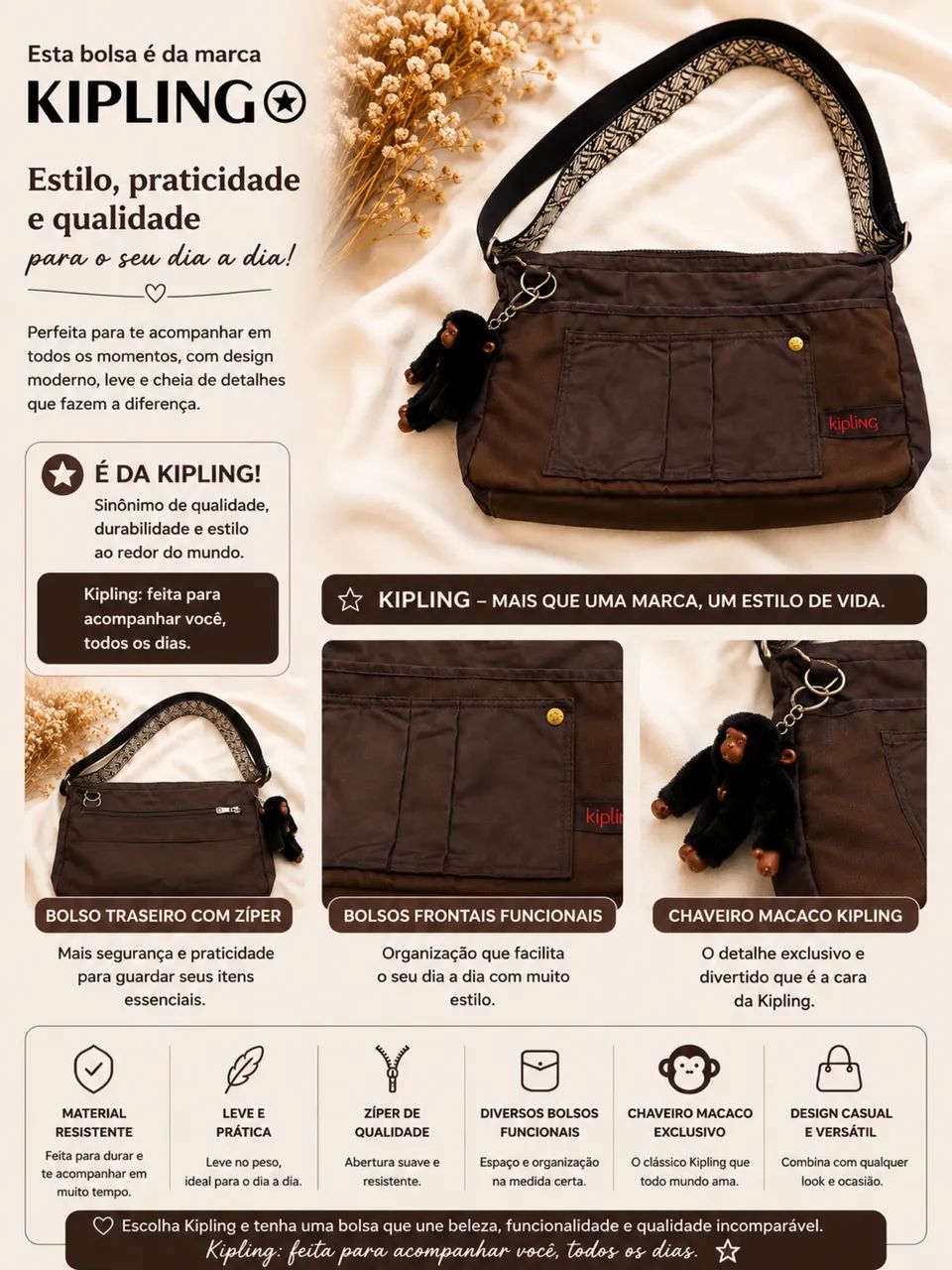 Bolsa Kipling Original Marrom | Prática, Leve e Espaçosa