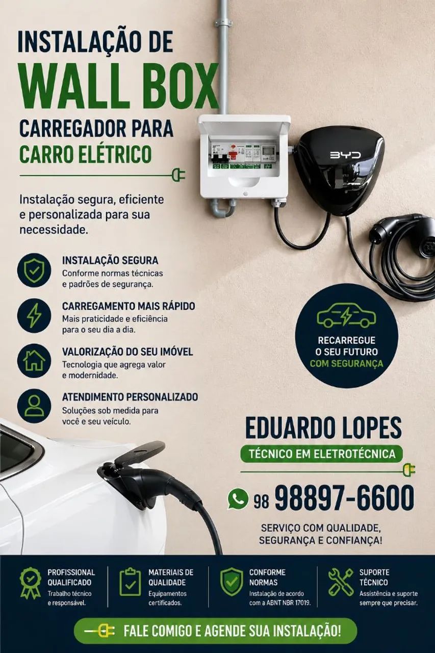 Instalação de carregador de veículo elétrico.  WallBox.