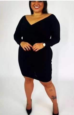 Vestido manga longa preta gg. Canelado premium 