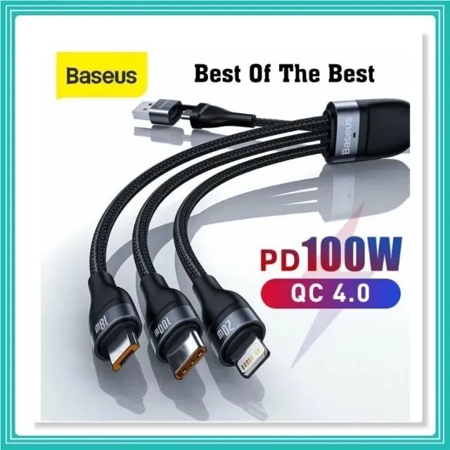 Cabo Carregador Baseus Flash Triplo 100w Usb E Micro Para iPhone, Xiaomi Macbook iPad Pro