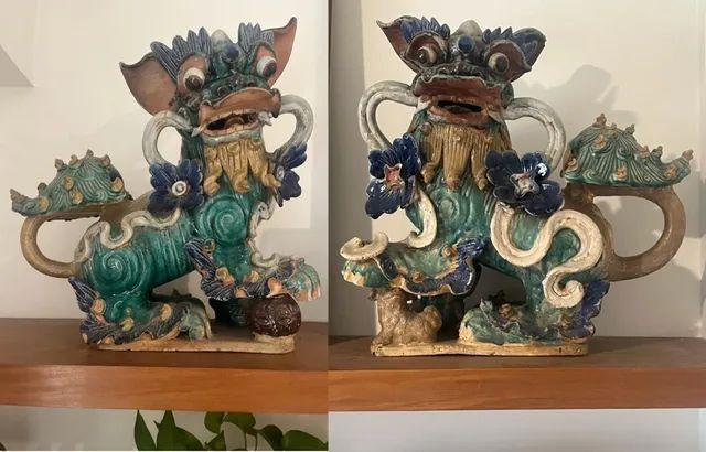 50cm Cães de Fó Séc. XIX chineses porcelana policromada