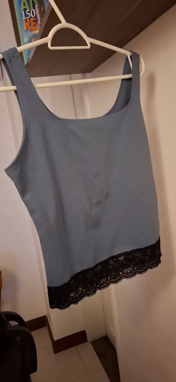 Conjunto kit Azul com detalhes renda saia, casaco e regata - Foto 4
