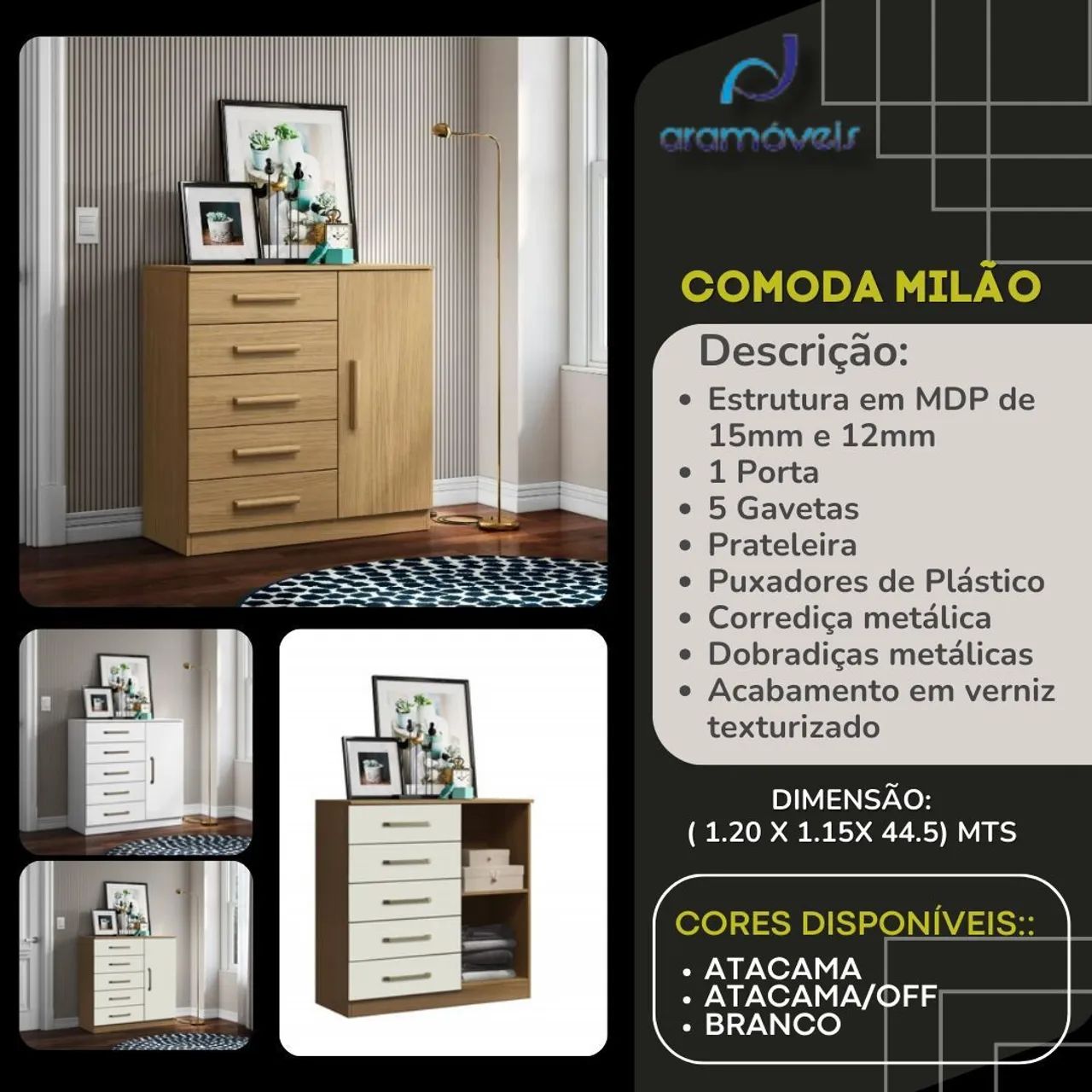 Cômoda Milão - 5 Gavetas - Prateleira - MDP