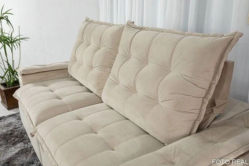 Sofá Retrátil 3 Lugares 230cm Molas Ensacadas D33 Veludo Bege - Foto 3