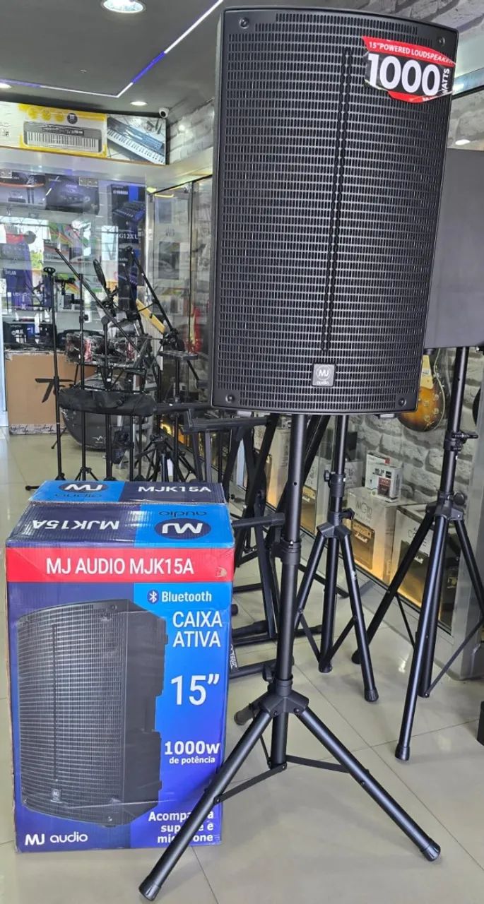 Kit Caixa Mj áudio  MJK15A 1000W com Suporte e Microfone 10X 209,90