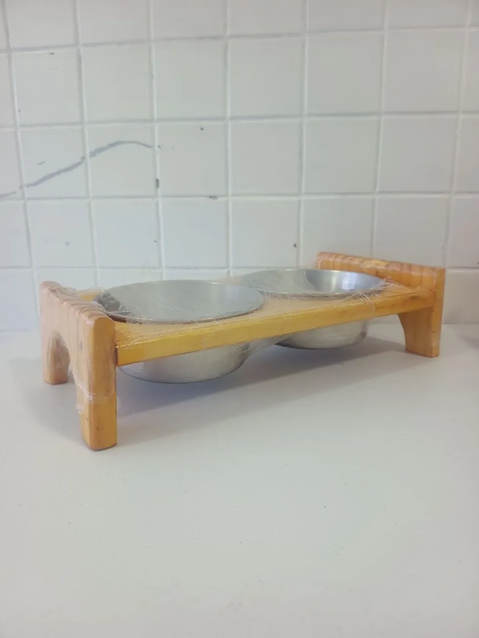 Comedouro Duplo para Cães - Madeira e Aço Inox