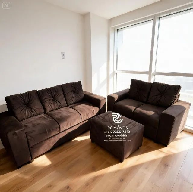 Conjunto Sofá 2 e 3 Lugares Puff Suede Marrom Claro D33 Luxo - Foto 2