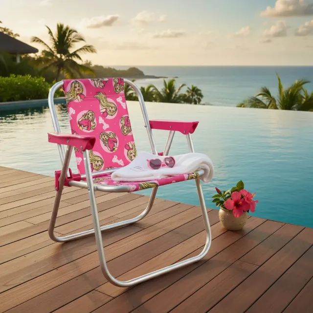 Cadeira Infantil Rosa Barbie em Alumínio. Praia, Piscina, Jardim, Campo. Suporta 30Kg