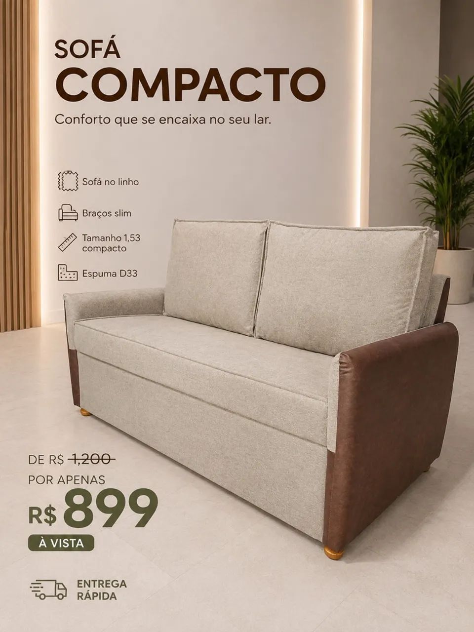Sofá compacto com braços Slim no linho (várias cores)