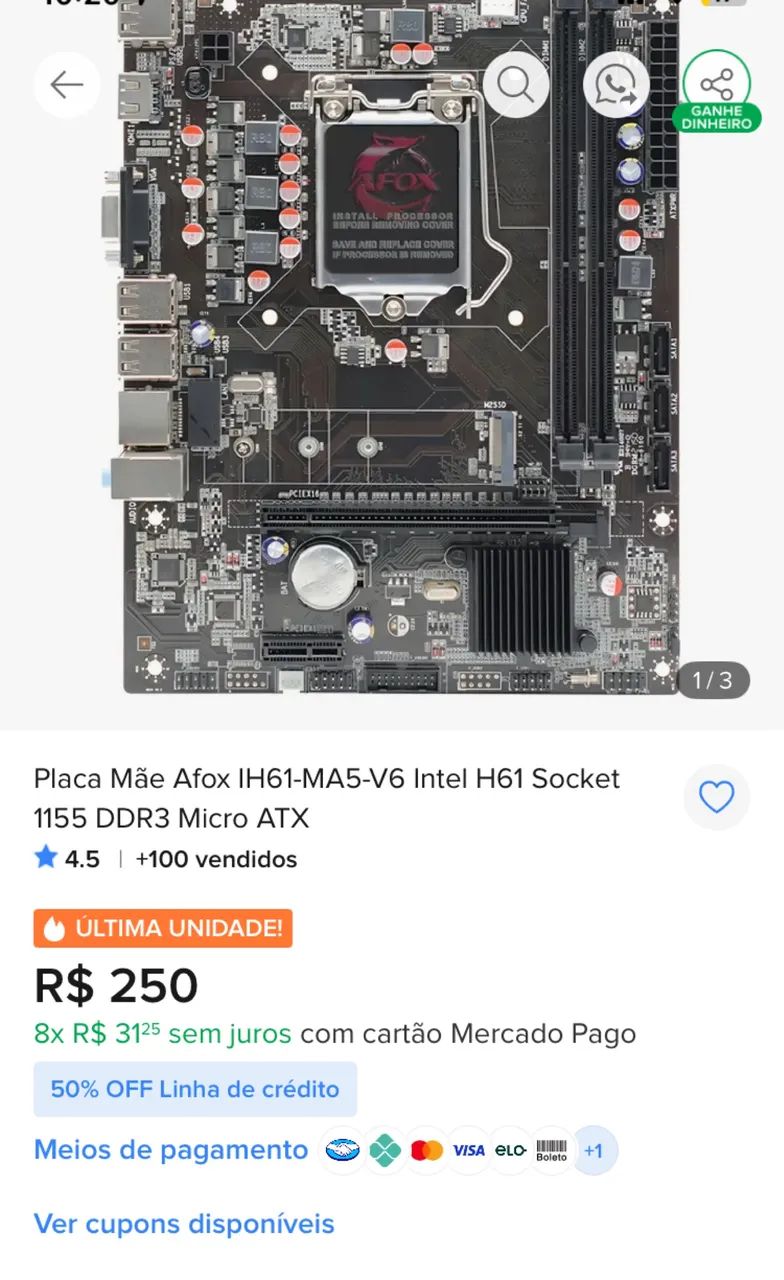 Placa-mãe AFOX H61 MA2-V2 Socket (1155)