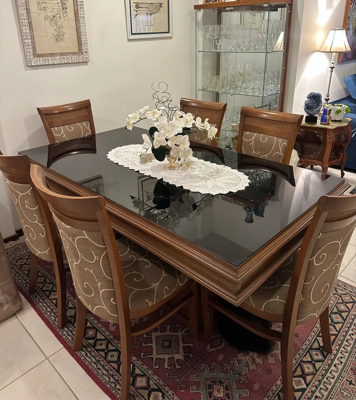 Mesa de Jantar 1,80m com Tampo de Vidro + 6 Cadeiras - Excelente Estado