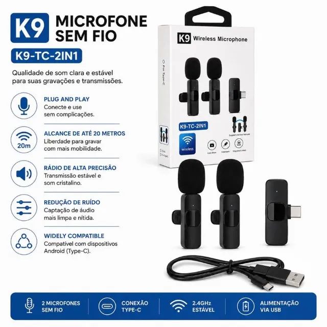 Kit Microfone de Lapela Sem Fio K9 Duplo Tipo-C para Celular - Foto 2