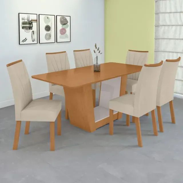Mesa de Jantar 6 Cadeiras Com Tampo na cor Creme