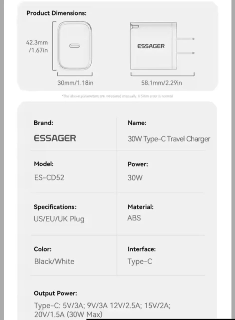 Carregador Essager mini 30w tipo c, pd qc3.0 rápido + cabo tipo Toocki 60w - Foto 5