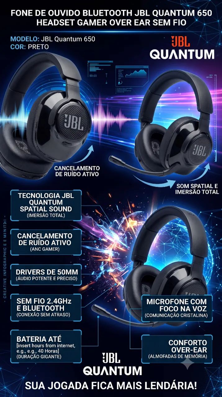 Fone De Ouvido JBL Quantum 650 Headset Gamer - Foto 3