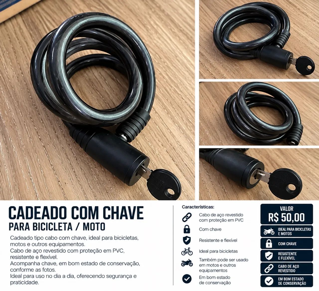 Cadeado com Cabo de Aço e Chave para Bicicleta e Moto - Foto 2