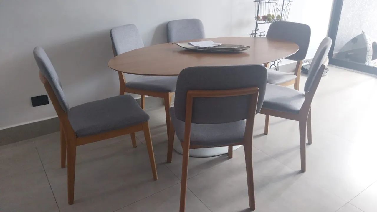 Conjunto 6 cadeira jantar madeira estofada  linho cinza  - Foto 2