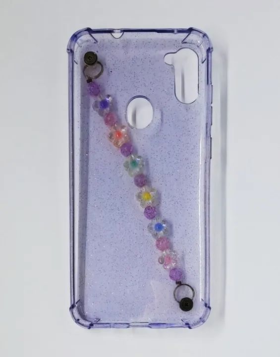 Case Capa Capinha Samsung Galaxy A11 de Silicone Azul com Purpurina - Corrente de Flores - Foto 2