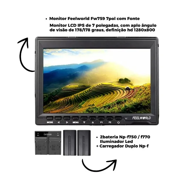Monitor Feelworld 1280x800 P/ Kit Completo +2 batarias 1 carregador duplo (Usado)