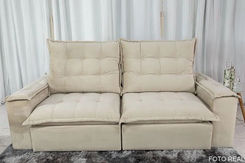 Sofá Retrátil 3 Lugares 230cm Molas Ensacadas D33 Veludo Bege - Foto 4