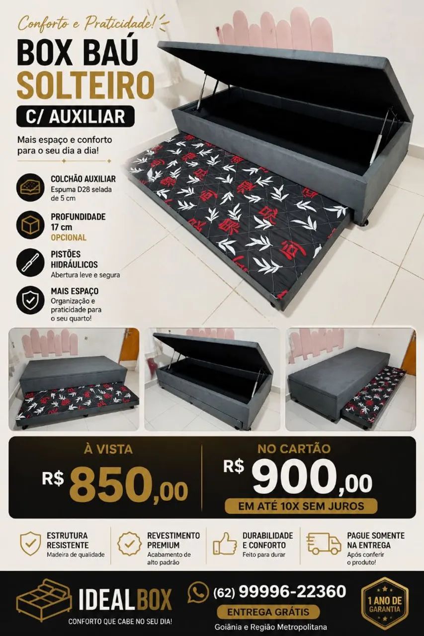 Box baú solteiro com auxiliar/ Espuma D28