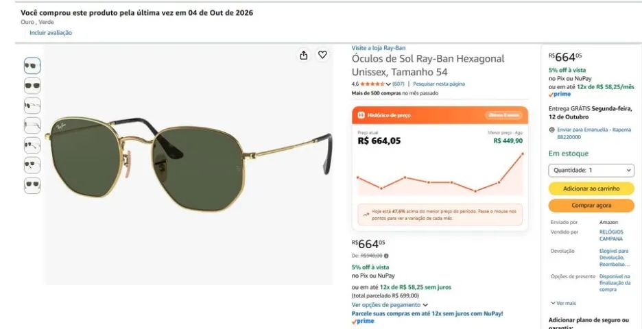 Óculos Óculos de Sol Ray-Ban Hexagonal - Foto 3